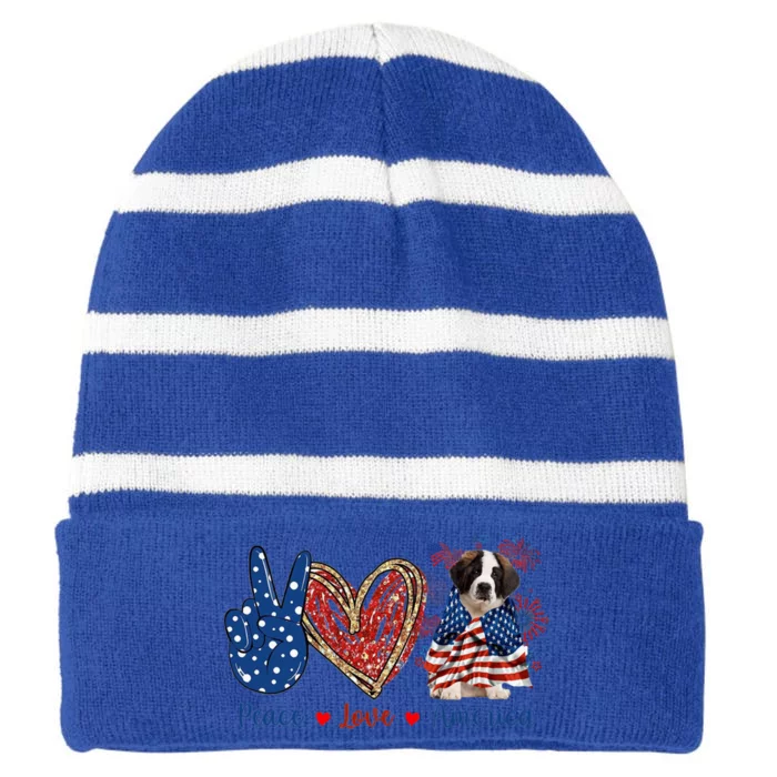 Peace Love Saint Bernard Dog Patriotic America Flag 4th July Gift Striped Beanie with Solid Band