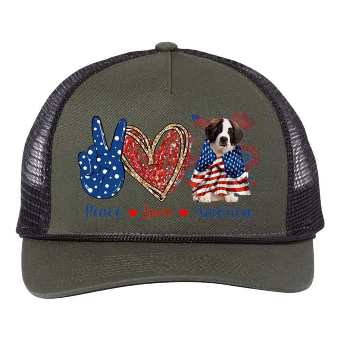 Peace Love Saint Bernard Dog Patriotic America Flag 4th July Gift Retro Rope Trucker Hat Cap