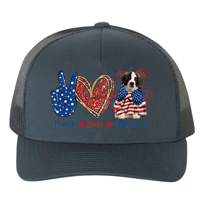 Peace Love Saint Bernard Dog Patriotic America Flag 4th July Gift Yupoong Adult 5-Panel Trucker Hat