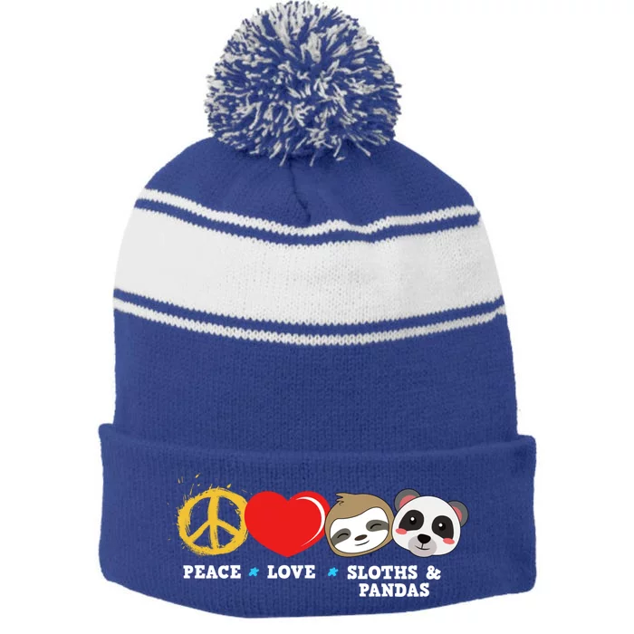 Peace Love Sloths And Pandas Gift Stripe Pom Pom Beanie