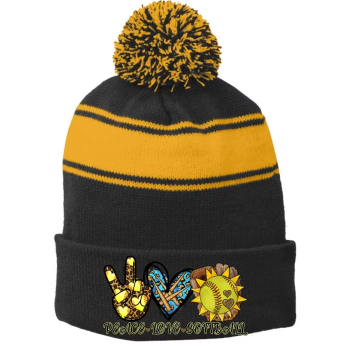 Peace Love Softball Cool Design Stripe Pom Pom Beanie