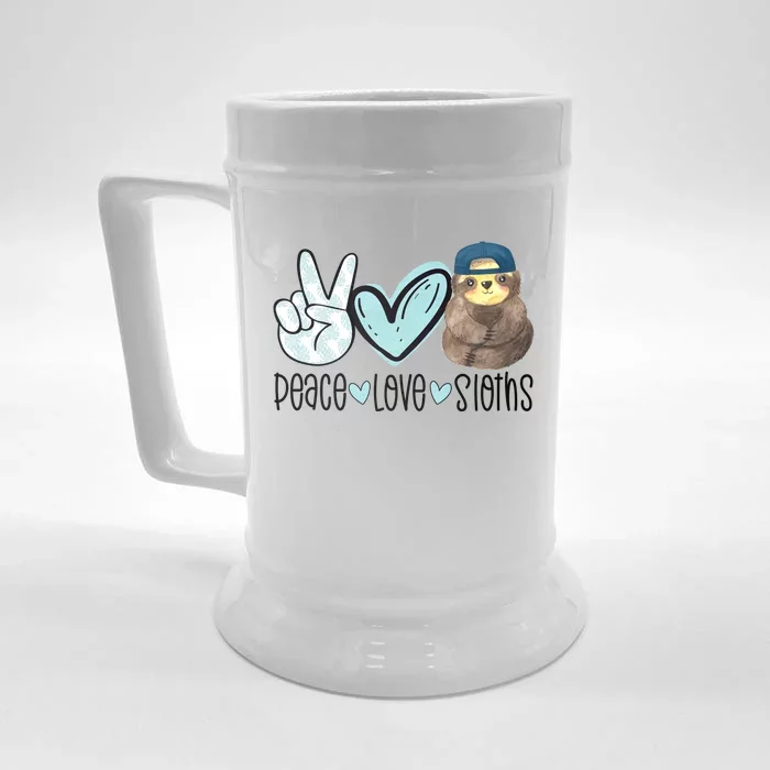 Peace Love Sloths Cute Sloth With Baseball Cap Boy Sloth Great Gift Front & Back Beer Stein