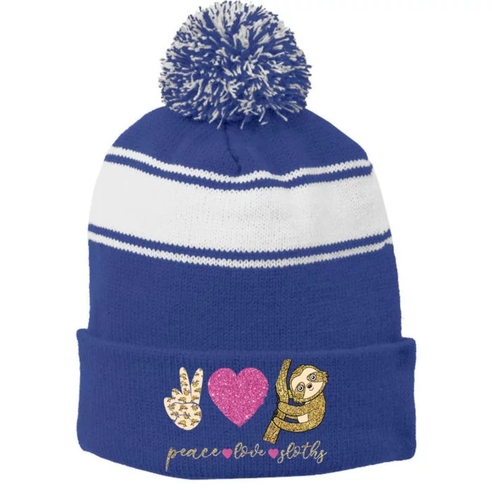 Peace Love Sloths Funny Sloths Lovely Gift Stripe Pom Pom Beanie