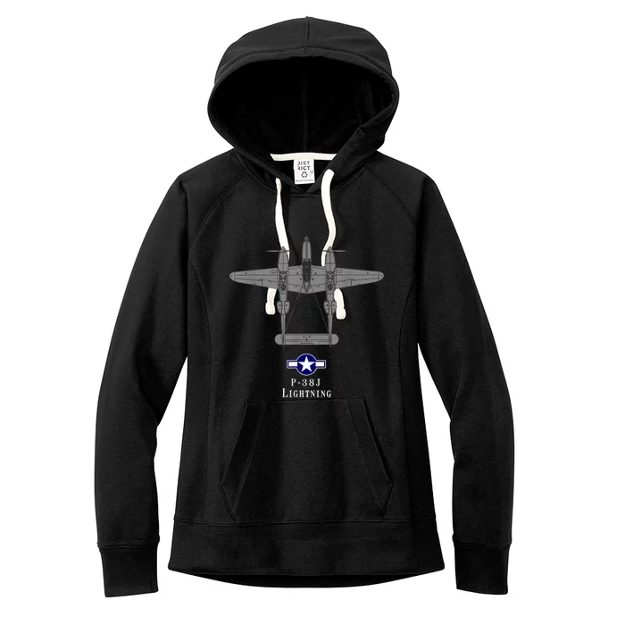 P38 Lightning Tech Drawing WWII Fighter Airplane Women's Fleece Hoodie