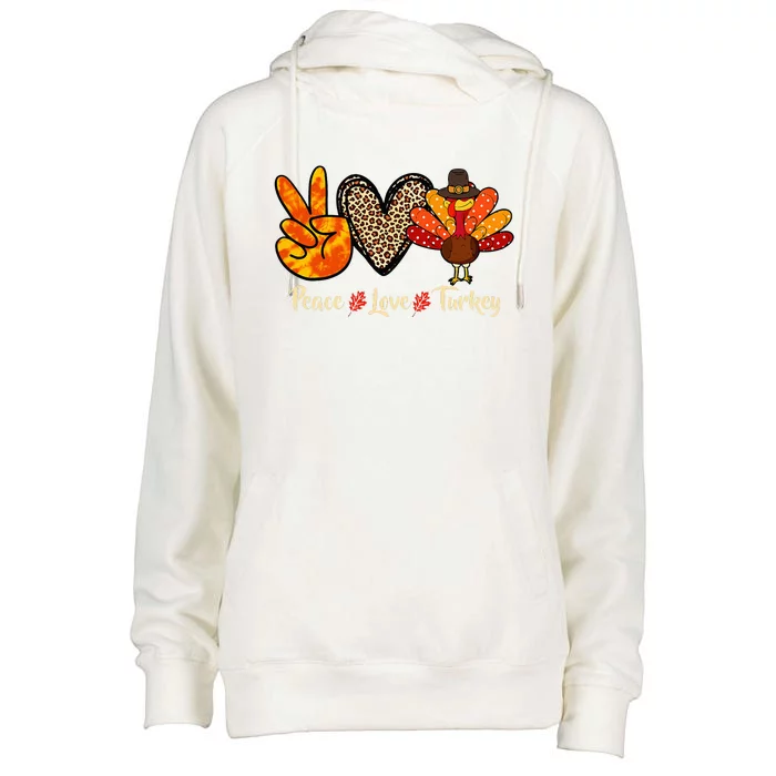 Peace Love Turkey Little Pilgrim Thanksgiving Womens Funnel Neck Pullover Hood