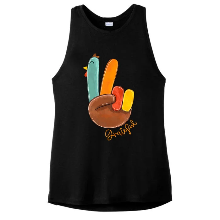 Peace Love Turkey Grateful Turkey Hand Sign Thanksgiving Gift Ladies Tri-Blend Wicking Tank