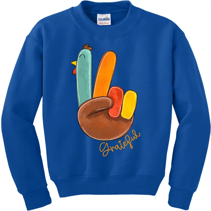 Peace Love Turkey Grateful Turkey Hand Sign Thanksgiving Gift Kids Sweatshirt