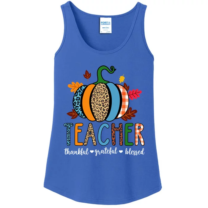 Pumpkin Leopard Teacher Thankful Grateful Blessed Gift Ladies Essential Tank