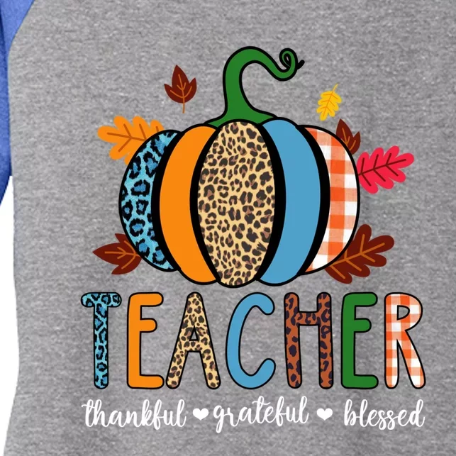 Pumpkin Leopard Teacher Thankful Grateful Blessed Gift Women's Tri-Blend 3/4-Sleeve Raglan Shirt