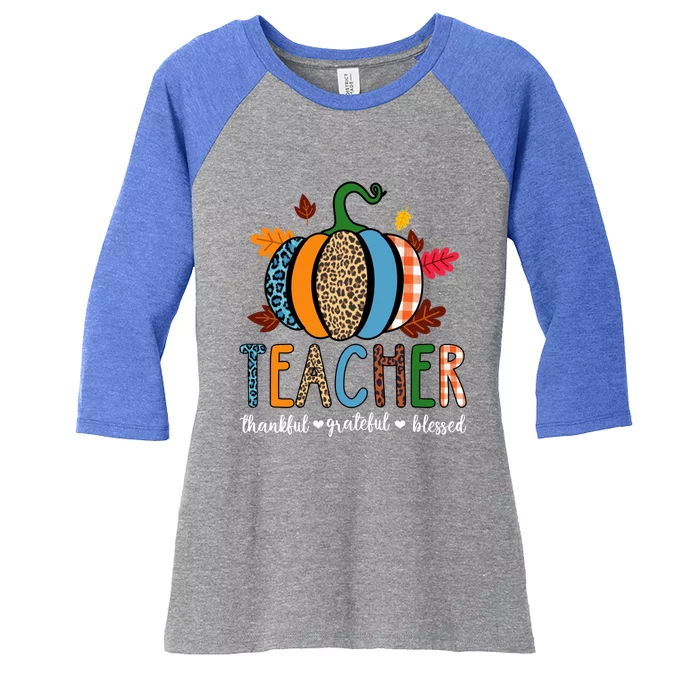 Pumpkin Leopard Teacher Thankful Grateful Blessed Gift Women's Tri-Blend 3/4-Sleeve Raglan Shirt