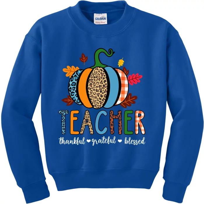 Pumpkin Leopard Teacher Thankful Grateful Blessed Gift Kids Sweatshirt