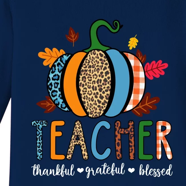 Pumpkin Leopard Teacher Thankful Grateful Blessed Gift Baby Long Sleeve Bodysuit