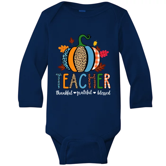 Pumpkin Leopard Teacher Thankful Grateful Blessed Gift Baby Long Sleeve Bodysuit