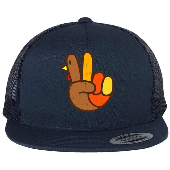 Peace Love Turkey Grateful Turkey Hand Sign Thanksgiving Flat Bill Trucker Hat