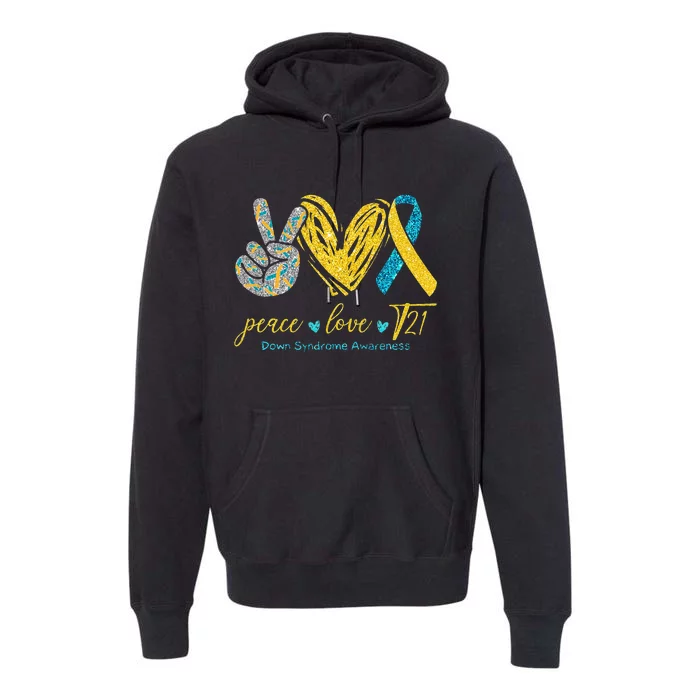 Peace Love T21 Blue Yellow Ribbon Down Syndrome Awareness Premium Hoodie