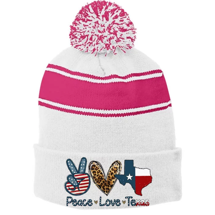 Peace Love Texas TX Texas Flag Funny City Home Roots Stripe Pom Pom Beanie