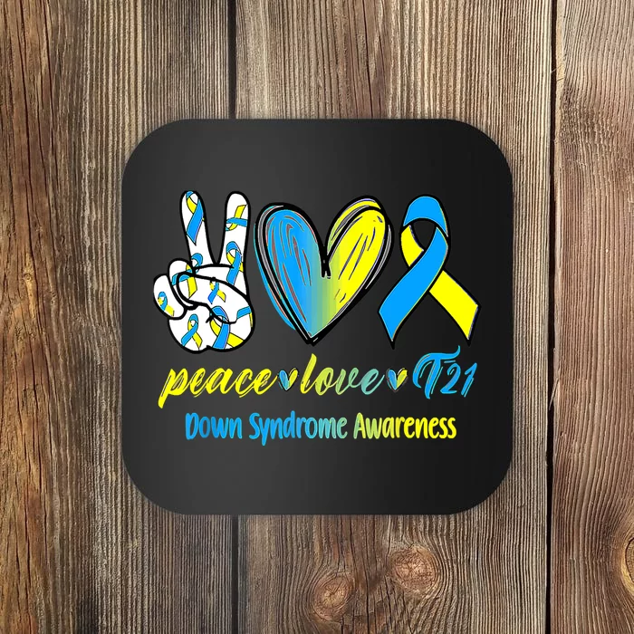 Peace Love T21 Blue Yellow Ribbon Down Syndrome Awareness Coaster