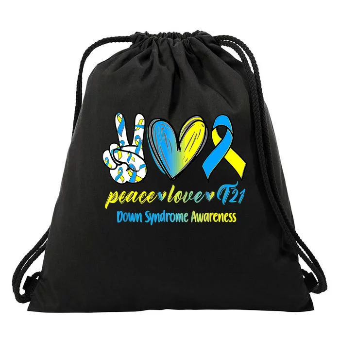 Peace Love T21 Blue Yellow Ribbon Down Syndrome Awareness Drawstring Bag