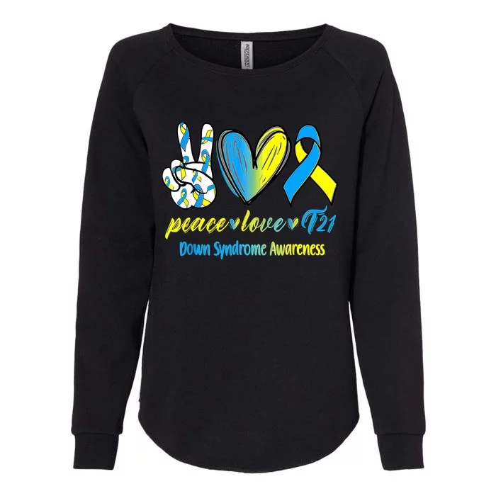 Peace Love T21 Blue Yellow Ribbon Down Syndrome Awareness Womens California Wash Sweatshirt