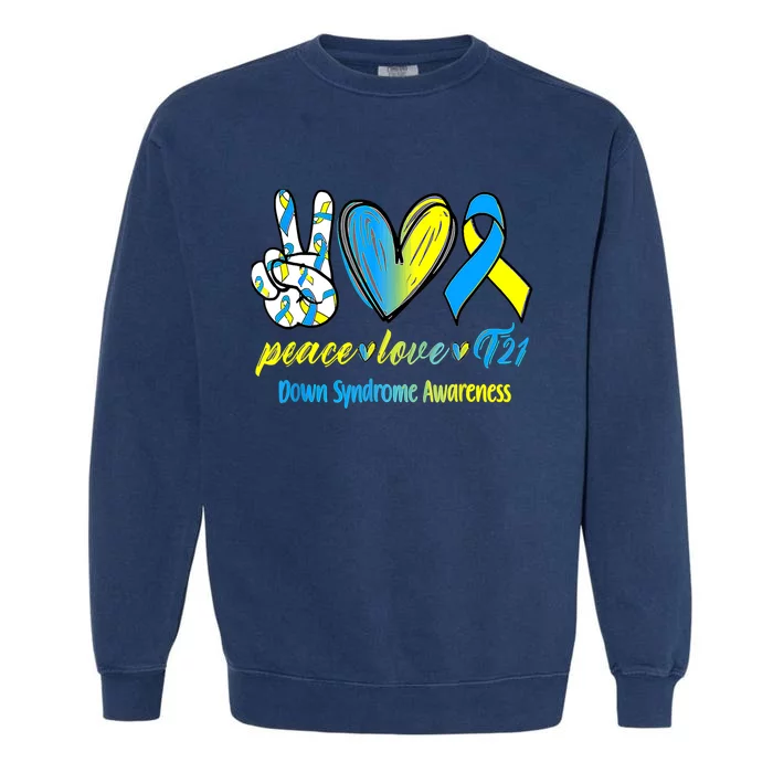 Peace Love T21 Blue Yellow Ribbon Down Syndrome Awareness Garment-Dyed Sweatshirt