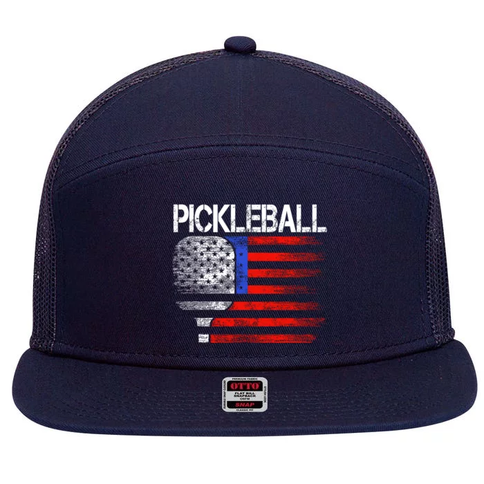 Paddleball Lover Us Flag Pickleball Player 7 Panel Mesh Trucker Snapback Hat