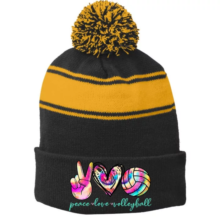 Peace Love Volleyball Player Tie Dye Style Women Teen Stripe Pom Pom Beanie