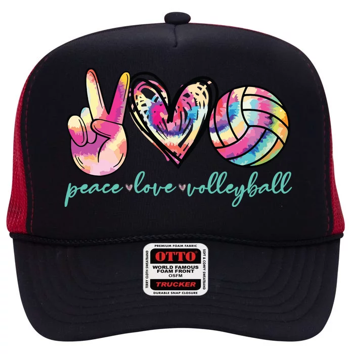 Peace Love Volleyball Player Tie Dye Style Teen High Crown Mesh Trucker Hat