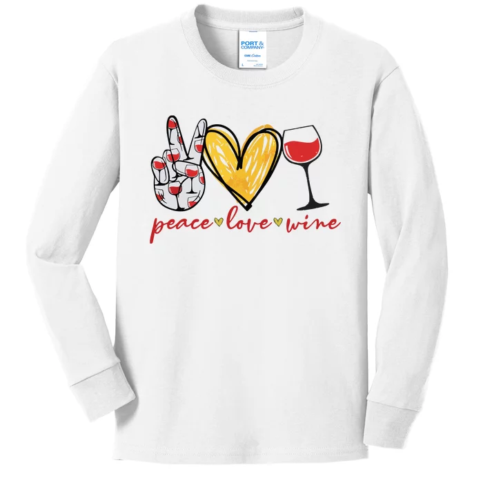 Peace Love Wine Funny Wine Lover Drinking Team Oktoberfest Kids Long Sleeve Shirt