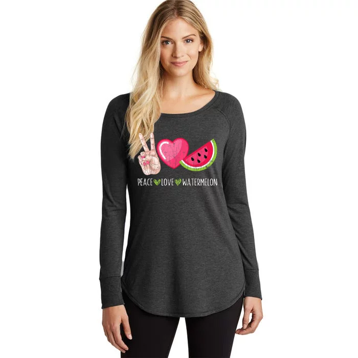 Peace Love Watermelon Funny Summer Fruit Lover Graphic Women's Perfect Tri Tunic Long Sleeve Shirt