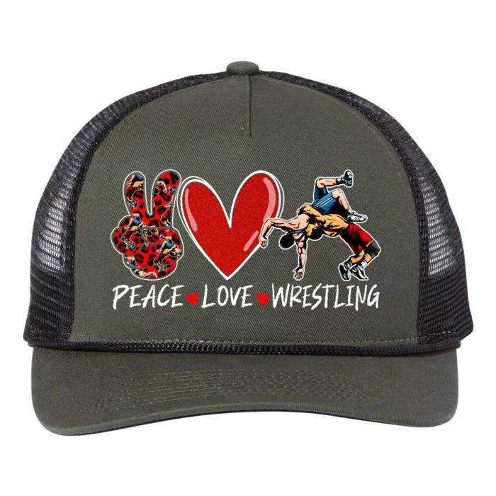 Peace Love Wrestling Game Day Outfit Leopard Mothers Day Great Gift Retro Rope Trucker Hat Cap