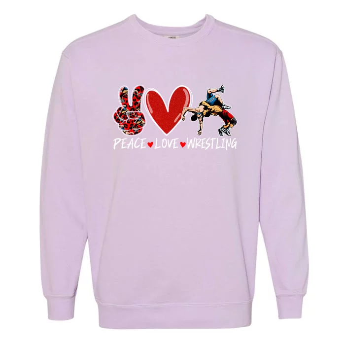 Peace Love Wrestling Game Day Outfit Leopard Mothers Day Great Gift Garment-Dyed Sweatshirt