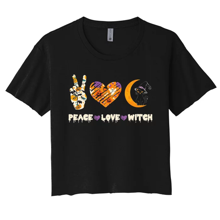 Peace Love Witch Cat Horror Halloween 2024 Women's Crop Top Tee