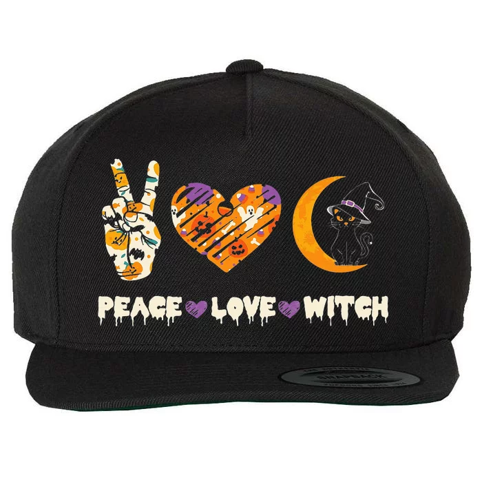 Peace Love Witch Cat Horror Halloween 2024 Wool Snapback Cap