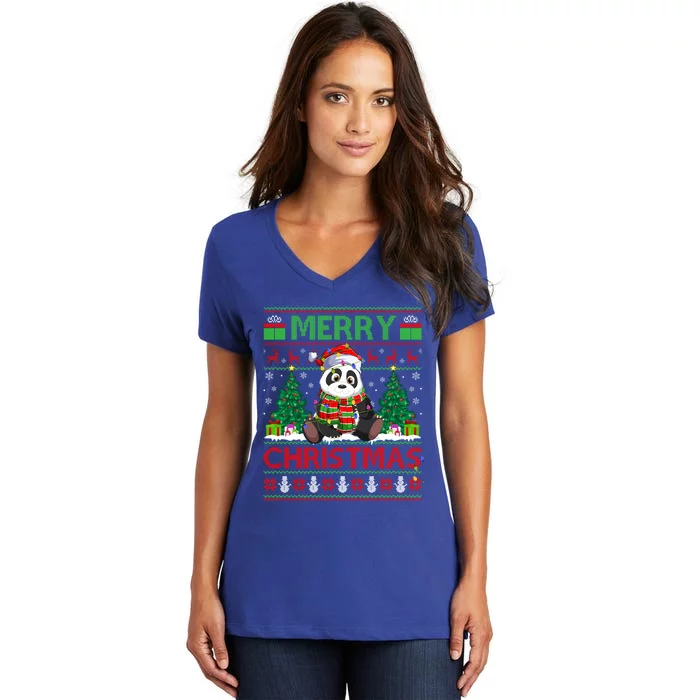 Panda Lover Xmas Lighting Santa Ugly Panda Christmas Gift Women's V-Neck T-Shirt