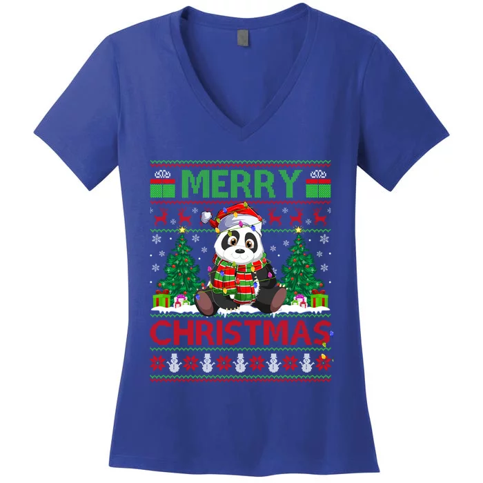 Panda Lover Xmas Lighting Santa Ugly Panda Christmas Gift Women's V-Neck T-Shirt