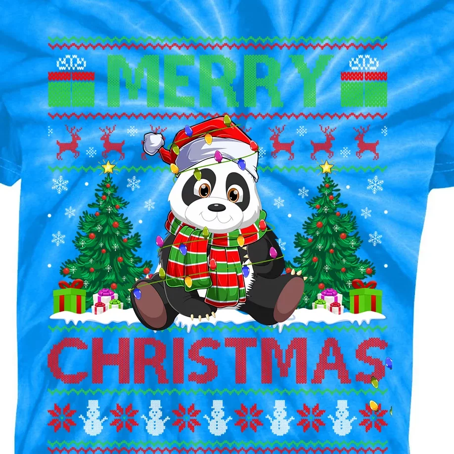 Panda Lover Xmas Lighting Santa Ugly Panda Christmas Gift Kids Tie-Dye T-Shirt