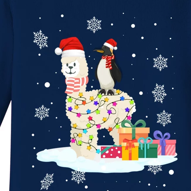 Penguins Lover Xmas Lighting Penguin Riding Llama Christmas Funny Gift Baby Long Sleeve Bodysuit