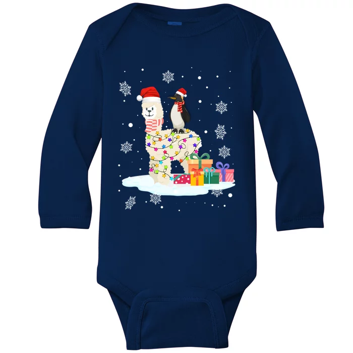 Penguins Lover Xmas Lighting Penguin Riding Llama Christmas Funny Gift Baby Long Sleeve Bodysuit