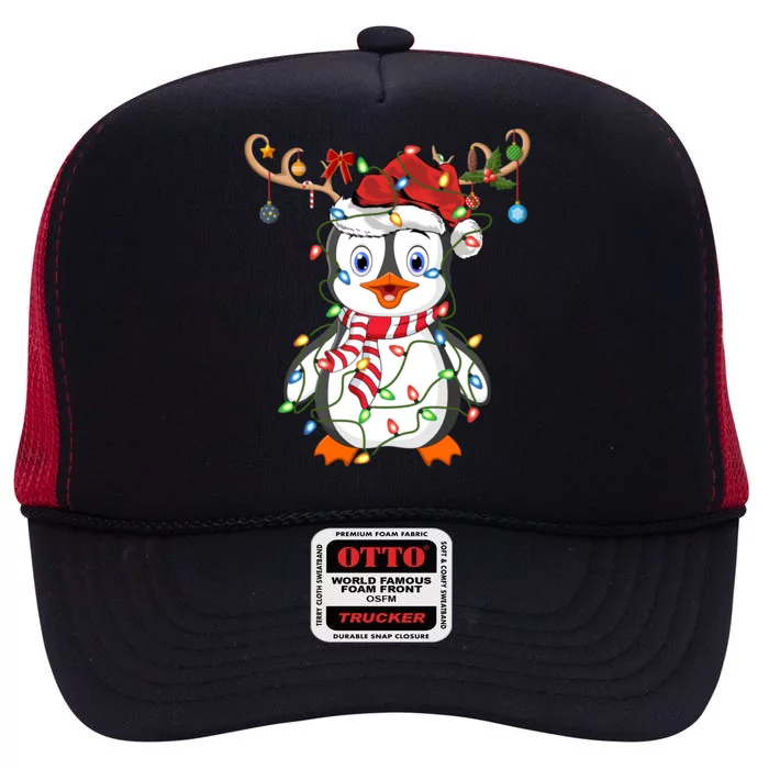 Penguin Lover Xmas Gift Lighting Reindeer Penguin Christmas Meaningful Gift High Crown Mesh Trucker Hat