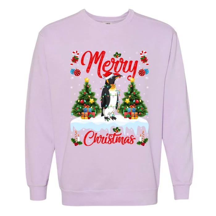 Penguin Lover Xmas Lighting Santa Emperor Penguin Christmas Great Gift Garment-Dyed Sweatshirt