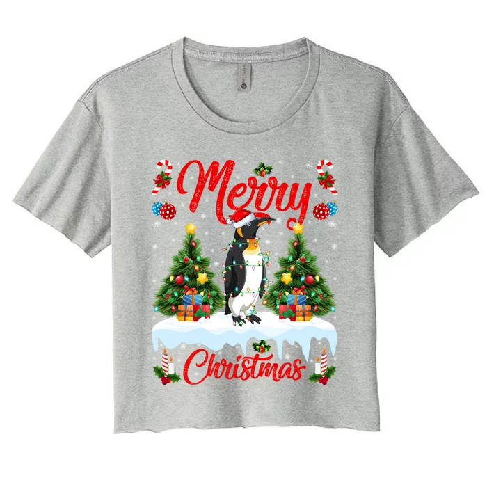 Penguin Lover Xmas Lighting Santa Emperor Penguin Christmas Great Gift Women's Crop Top Tee