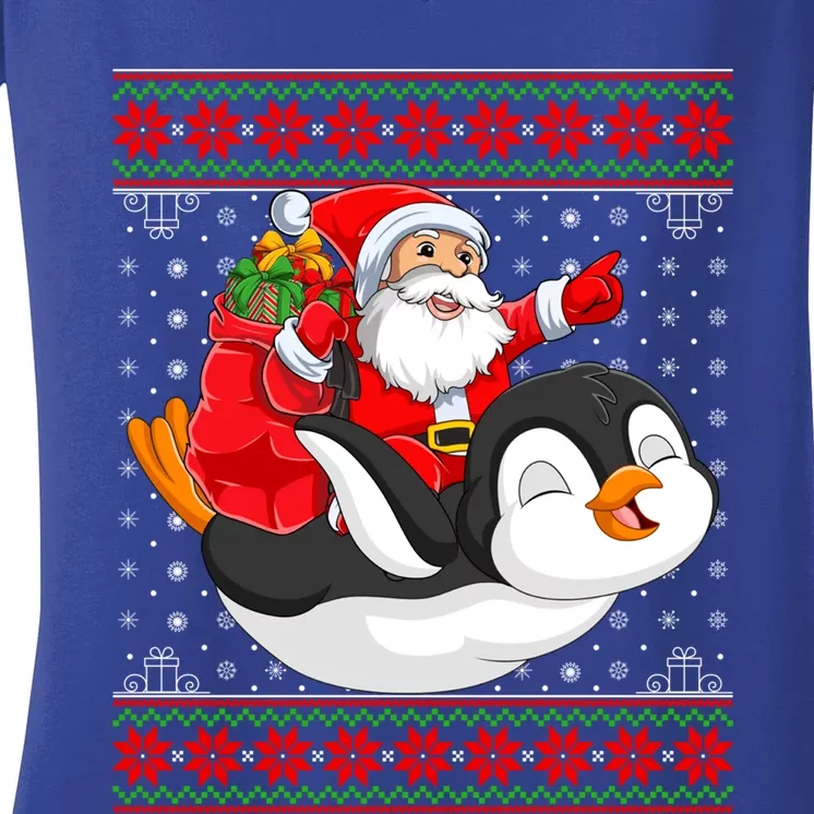 Penguin Lover Xmas Ugly Santa Riding Penguin Christmas Gift Women's V-Neck T-Shirt