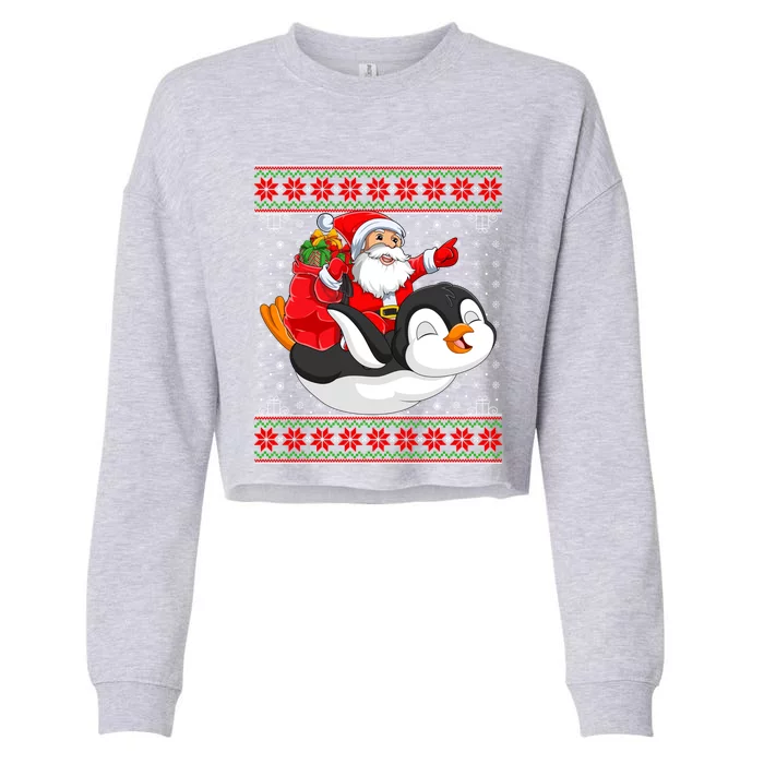 Penguin Lover Xmas Ugly Santa Riding Penguin Christmas Gift Cropped Pullover Crew