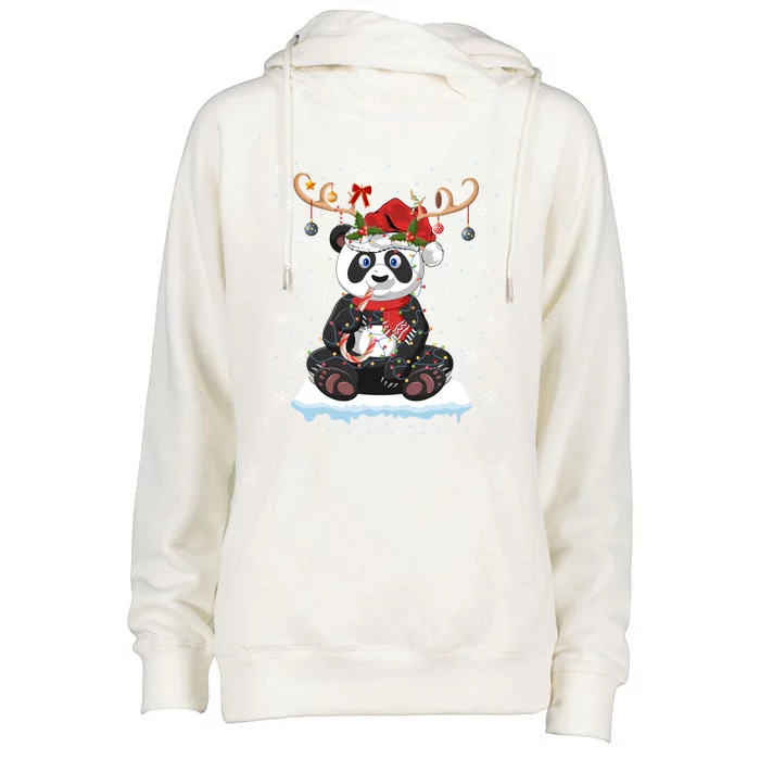 Panda Lover Xmas Lighting Reindeer Santa Hat Panda Christmas Gift Womens Funnel Neck Pullover Hood