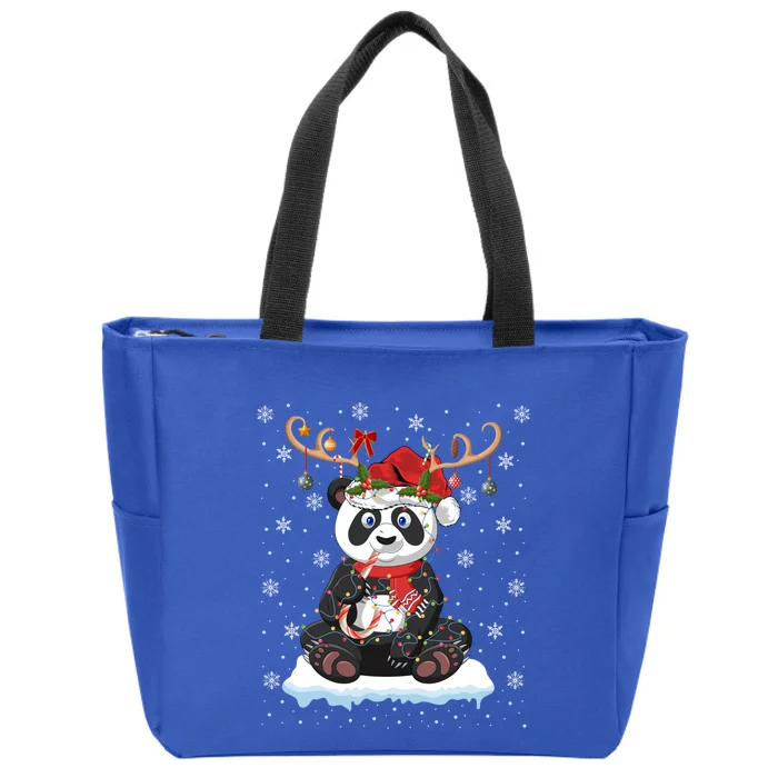 Panda Lover Xmas Lighting Reindeer Santa Hat Panda Christmas Gift Zip Tote Bag