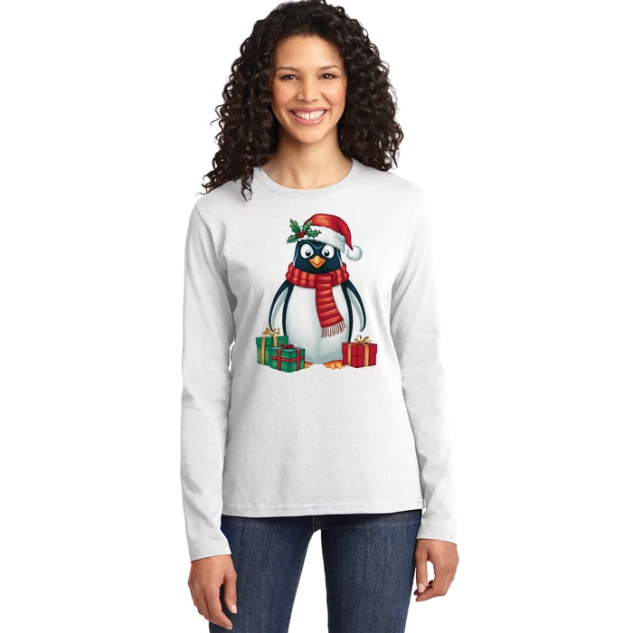 Penguin Lover Xmas Holiday Santa Emperor Penguin Christmas Ladies Long Sleeve Shirt