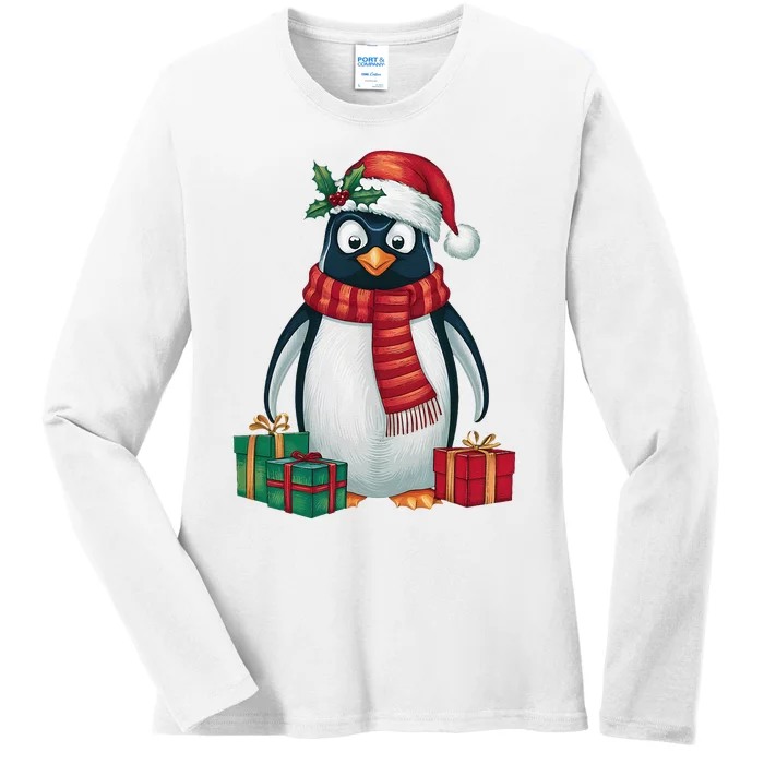 Penguin Lover Xmas Holiday Santa Emperor Penguin Christmas Ladies Long Sleeve Shirt