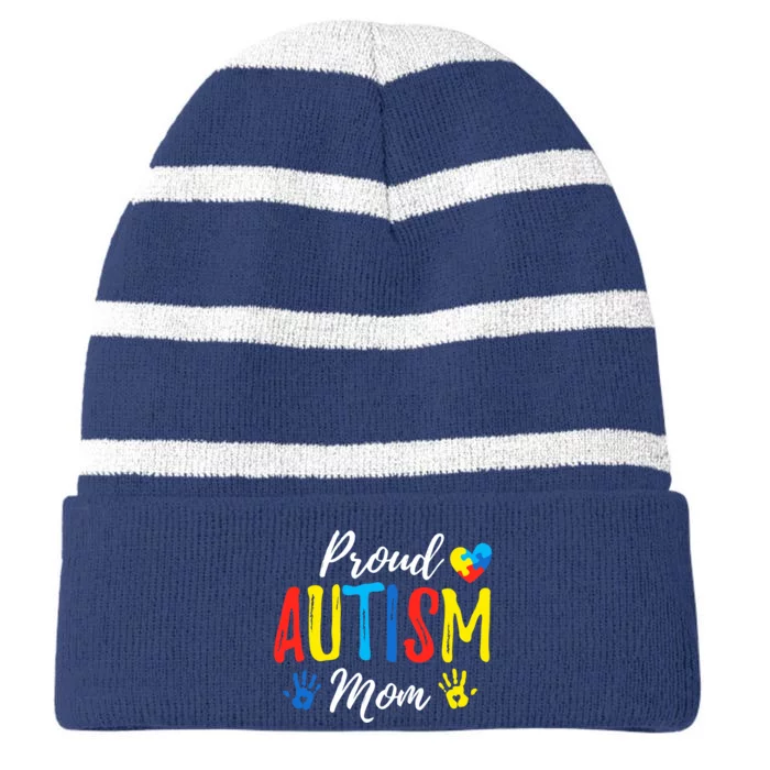 Proud Mom Autism Awareness Family Matching Striped Beanie with Solid Band