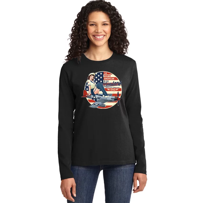 P51 Mustang Airplane For Men WWII Pinup Ladies Long Sleeve Shirt