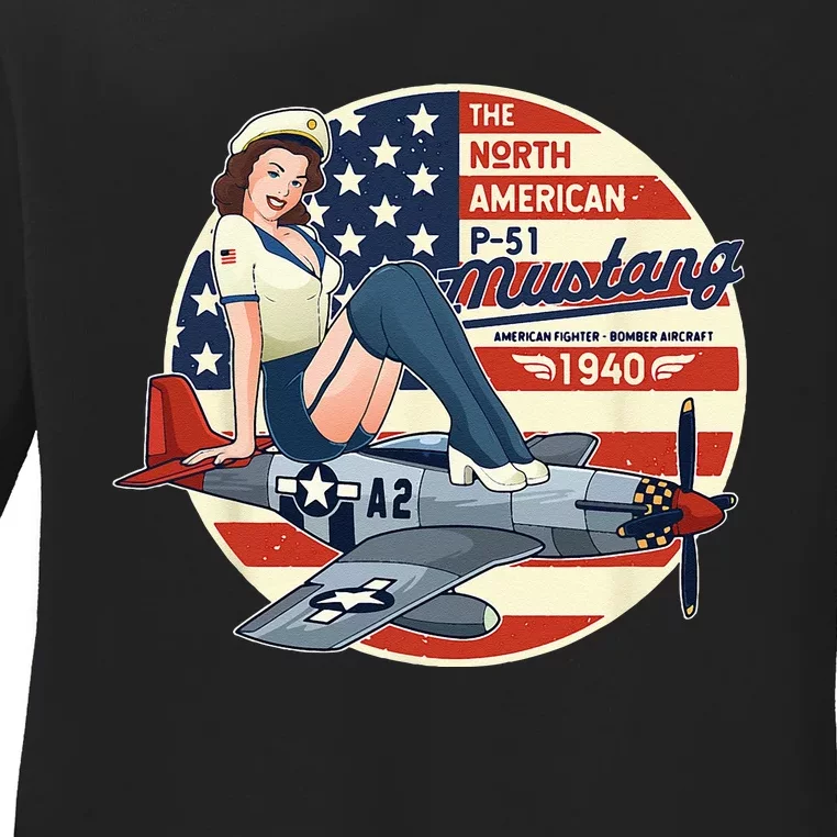 P51 Mustang Airplane For Men WWII Pinup Ladies Long Sleeve Shirt